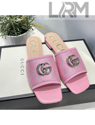 Gucci GG Silver Lamé Canvas Slide Sandals Pink 2021