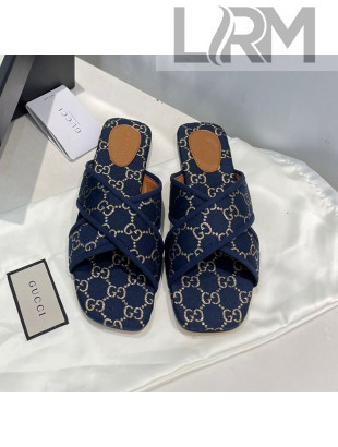 Gucci Silver Lamé Canvas Cross Slide Sandals Navy Blue 2021