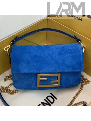 Fendi Suede Mini Baguette Flap Shoulder Bag Blue 2019