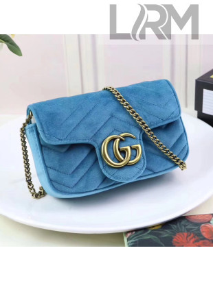 Gucci GG Marmont Velvet Matelassé Chevron Super Mini Chain Shoulder Bag 476433 Blue 2017