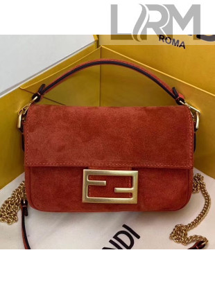 Fendi Suede Mini Baguette Flap Shoulder Bag Red Brown 2019