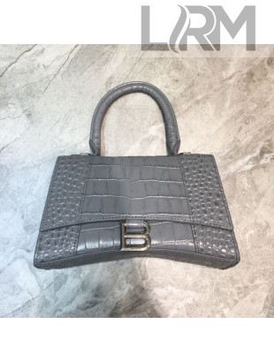 Balenciaga Hourglass Small Top Handle Bag in Crocodile Embossed Leather Grey/Silver 2019