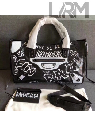 Balenciaga Graffiti Classic City Bag in Calfskin Black/White