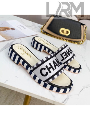 Chanel Canvas Striped Slide Sandals G34826 Silver 2021