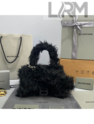Balenciaga Hourglass Small Top Handle Bag in Black Rabbit Fur 2021