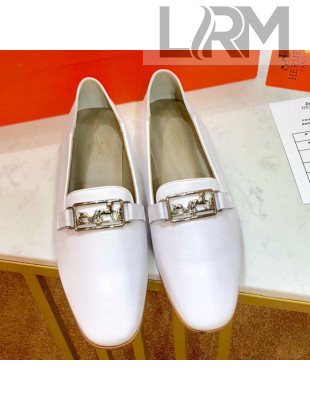 Hermes Vincennes Calfskin Flat Loafers White 2019