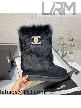 Chanel Suede&Rabbit Fur &Wool Lining Short Boots Black 2021 111185