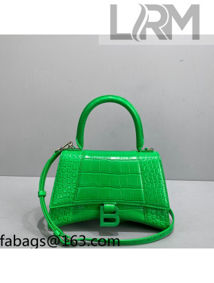 Balenciaga Hourglass Small Top Handle Bag in Shiny Crocodile Leather All Green 2021