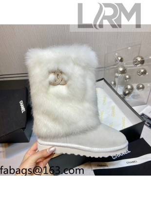 Chanel Suede&Rabbit Fur &Wool Lining Short Boots Gray/White 2021 111184