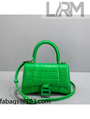 Balenciaga Hourglass Mini Top Handle Bag in Shiny Crocodile Leather All Green 2021