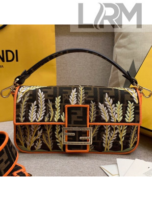 Fendi FF Plant Embroidered Fabric Medium Baguette Bag Orange 2019