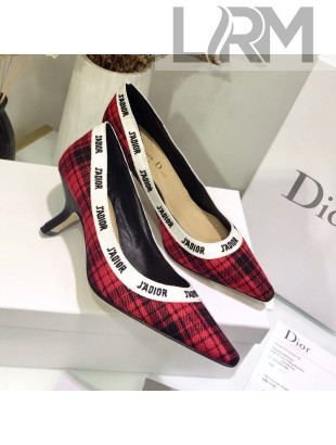 Dior J'Adior Mid-Heel Pump in Red Tartan Fabric and Embroidered Ribbon 2019