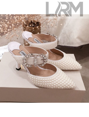 Jimmy Choo Pearl Allover Crystal Buckle Strap Mules 2019