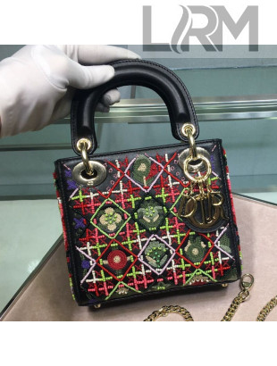 Dior Mini Lady Dior Top Handle Bag in Check Bead Flowers Embroidered Calfskin 2019