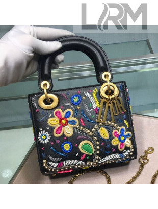 Dior Mini Lady Dior Top Handle Bag in Bead Flower Embroidered Calfskin 2019