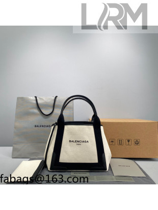 Balenciaga Navy Small Cabas Bag in Cotton Canvas and Calfskin Light Beige/Black 2021