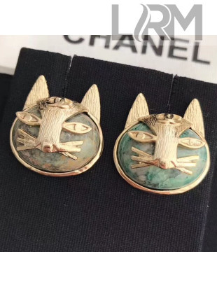 Chanel Cat Head Shaped Studs Earrings AB1788 Green/Gold 2019
