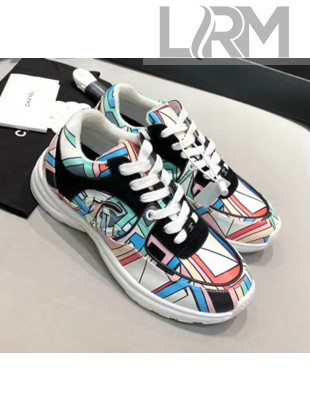 Chanel Multicolor Print Fabric & Calfskin Sneaker Cyan 2020