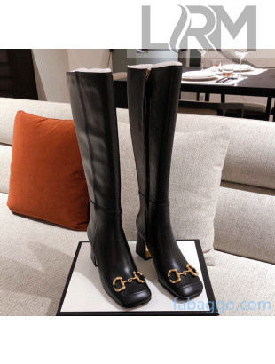 Gucci Calfskin Knee-high Boot with Horsebit and 7.5cm Heel Black 2021