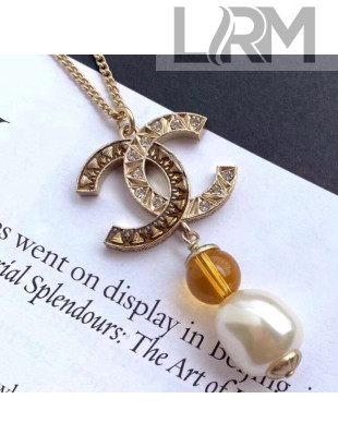 Chanel Pearls Pendant Short Necklace Amber AB1493 Yellow/Pearly White 2019