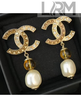 Chanel Pearls Pendant Short Earrings Amber AB1493 Yellow/Pearly White 2019