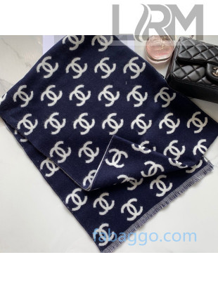 Chanel CC Allover Wool Cashmere Scarf 35x180cm Blue 2020