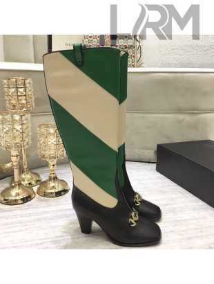 Gucci Zumi Horsebit Diagonal Stripe Mid-Heel Knee High Boot 575840 Green/Beige 2019