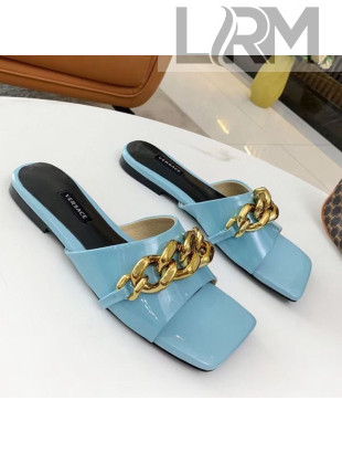 Versace Shiny Leather Chain Flat Slide Sandals Blue 2021