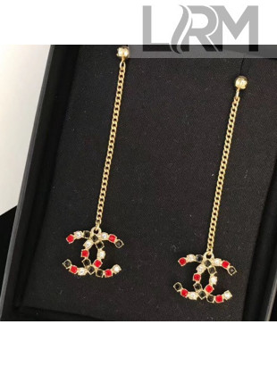Chanel Square Crystal CC Pendant Chain Tassel Earrings Red/Black 2019