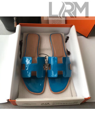 Hermes Patent Calfskin Leather Oran H Flat Slipper Sandals Peacock Blue