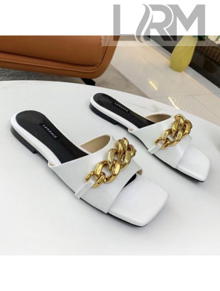 Versace Shiny Leather Chain Flat Slide Sandals White 2021