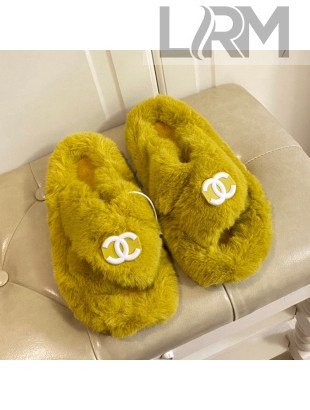 Chanel Fur Thong Flat Slide Sandals Green 2021 111190