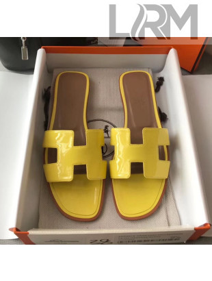 Hermes Patent Calfskin Leather Oran H Flat Slipper Sandals Yellow