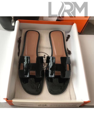 Hermes Patent Calfskin Leather Oran H Flat Slipper Sandals Black