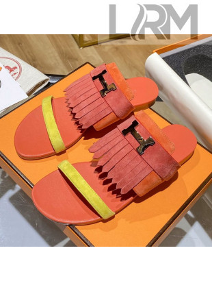 Hermes Coralia Suede Fringe Flat Sandals Orange 2021