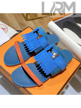 Hermes Coralia Suede Fringe Flat Sandals Blue 2021