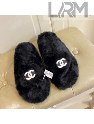 Chanel Fur Thong Flat Slide Sandals Black 2021 111192