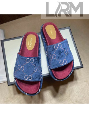 Gucci Velvet GG Platform Slide Sandal 573018 Blue 2021