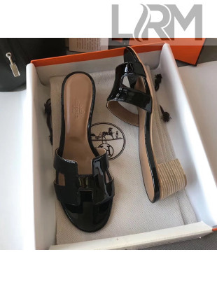 Hermes Patent Calfskin Leather Oasis Slipper Sandals With 5cm Heel Black