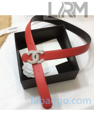 Chanel Calfskin Belt 30mm with Pearl CC Buckle Red 2020