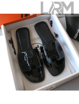 Hermes Patent Calfskin Leather Oran H Flat Slipper Sandals All Black