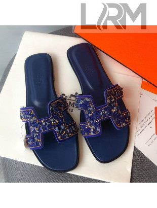 Hermes Oran Crystal Suede Slide Sandal Blue 2021 01