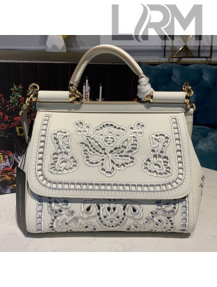 Dolce&Gabbana DG Medium Sicily Top Handle Bag in Intaglio Lace and Leather White 2019