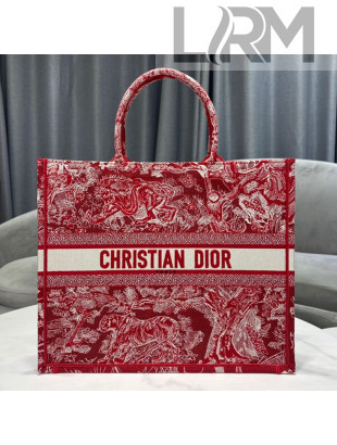Dior Large Book Tote Bag in Red Toile de Jouy Embroidery 2021