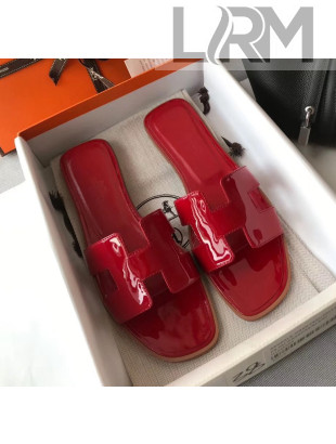 Hermes Patent Calfskin Leather Oran H Flat Slipper Sandals Deep Red 02