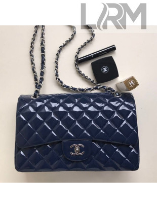 Chanel Quilted Patent Leather Large Flap Bag Navy Blue/Silver 2020