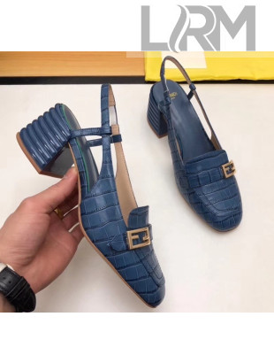 Fendi Crocodile Pattern Calfskin Promenade Slingbacks Loafers With 6cm Heel Blue 2020