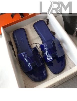 Hermes Patent Calfskin Leather Oran H Flat Slipper Sandals Electric Blue 02