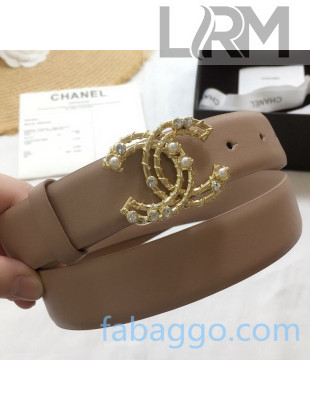 Chanel Calfskin Belt 30mm with Wrap Pearl CC Buckle Beige 2020