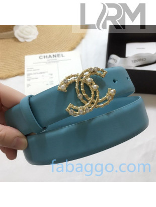 Chanel Calfskin Belt 30mm with Wrap Pearl CC Buckle Blue 2020